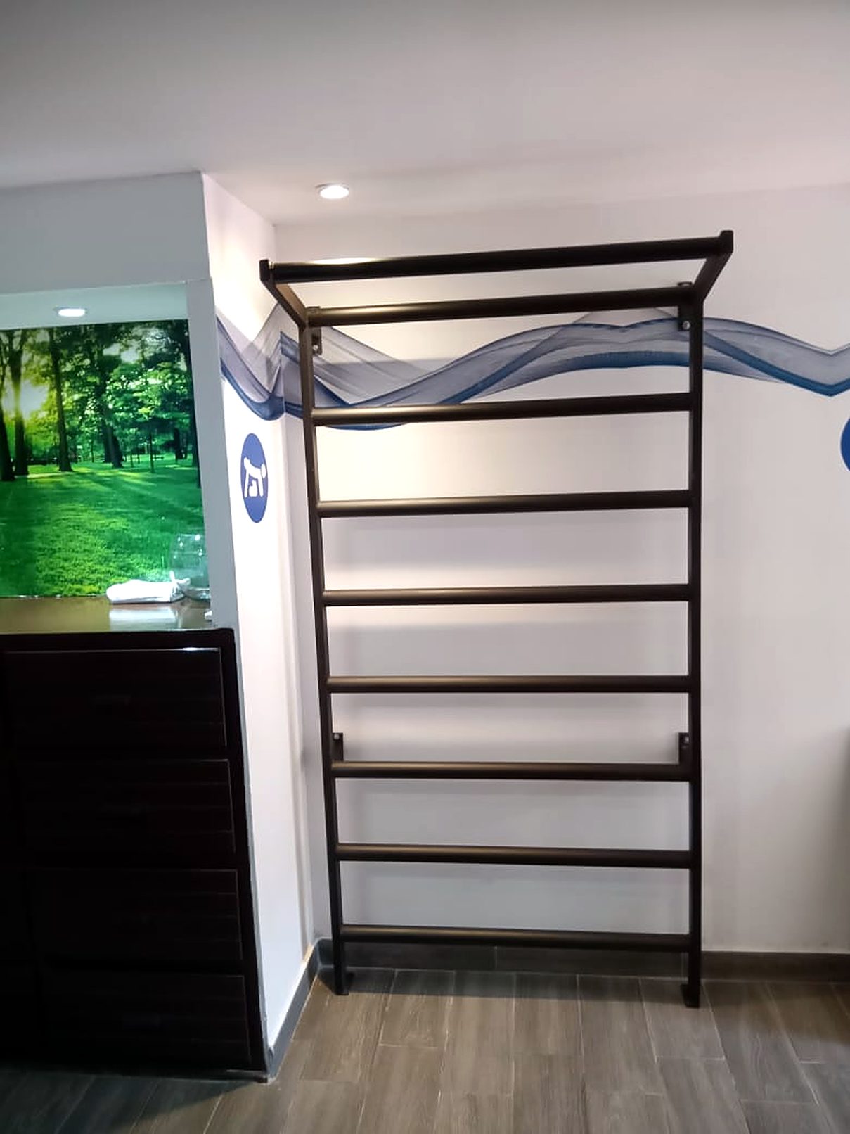 Barras de pared de madera oscura sobre una pared blanca decorada con una onda azul