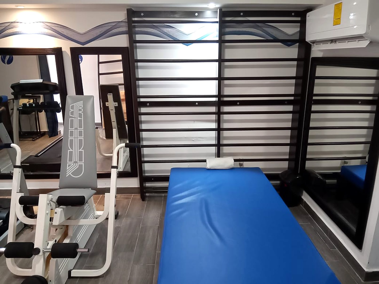 Camilla de terapia azul, equipo de fortalecimiento y barras de pared en la sala de fisioterapia de FISIOAR